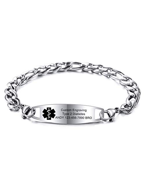 MOWOM Medical Alert Bracelet Custom Engraved, 6.5-8.7 Inches, Allergy Life Identification Name ID for Men Women Stainless Steel Chain Bracelets - (Bundle with Emergency C