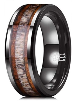 THREE KEYS JEWELRY 8MM 6MM Black Ceramic Wedding Ring with Antler Koa Wood Inlay Flat Wedding Band Ceramic Rings for Men Women