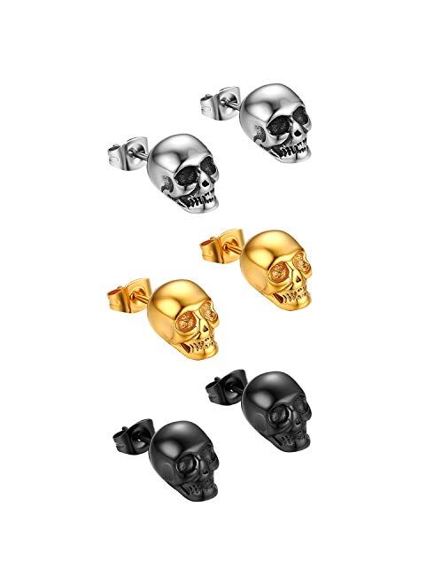 2 Pairs Punk Stainless Steel Stud Skull Earrings,Cupimatch Mens Silver Black Rock Ear Piercing Earrings