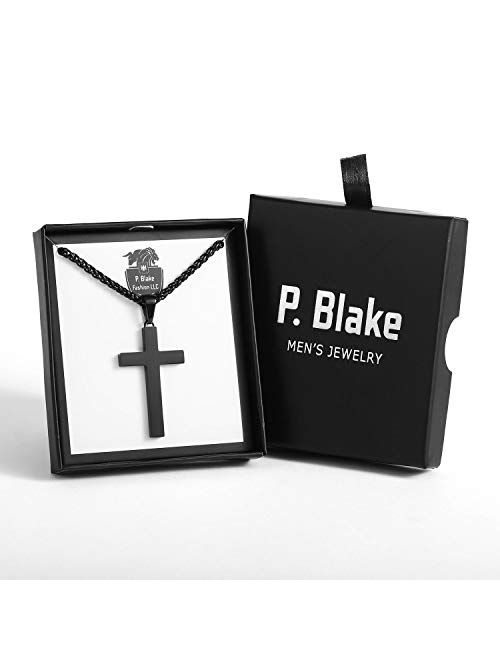 P. Blake Stainless Steel Cross Pendant Necklace for Men Boys, Christian Cross Pendant with 24 Inches Chain