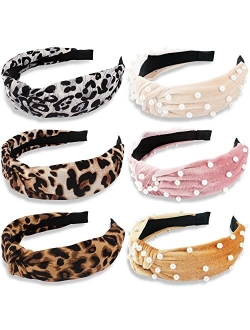 TOBATOBA 6 Pack Women Headbands Wide Knot Dot Hairbands Turban Headbands for Women, Include 3 Pcs Leopard Headbands and 3 Pcs Velvet Knot Faux Pearl Headband Bandana, Per