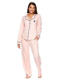 Womens Notch Collar Pajama Set Classic Button Down Pajamas for Women with Long Sleeve Top and Pajama Pants