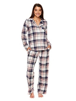 Womens Notch Collar Pajama Set Classic Button Down Pajamas for Women with Long Sleeve Top and Pajama Pants