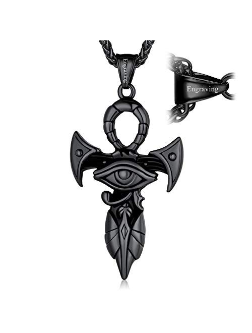 FaithHeart Eye of Horus Necklace Ankh Cross Necklaces, Stainless Steel Ancient Egyptian Coptic Jewelry for Men Women, Wedjat Eye Pendants Customize Available