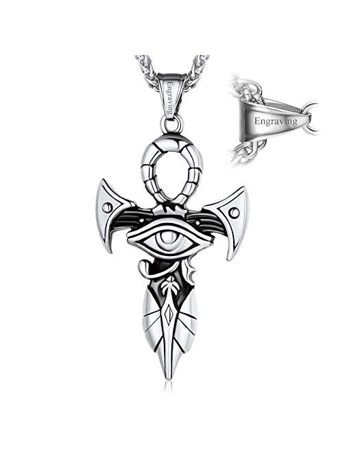 FaithHeart Eye of Horus Necklace Ankh Cross Necklaces, Stainless Steel Ancient Egyptian Coptic Jewelry for Men Women, Wedjat Eye Pendants Customize Available