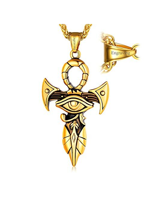 FaithHeart Eye of Horus Necklace Ankh Cross Necklaces, Stainless Steel Ancient Egyptian Coptic Jewelry for Men Women, Wedjat Eye Pendants Customize Available