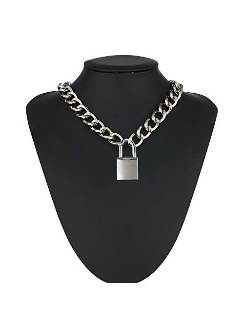 LEWECEEO Lover Heart Padlock Necklace Metal Padlock Collar Choker for Men Women with Lock and Key