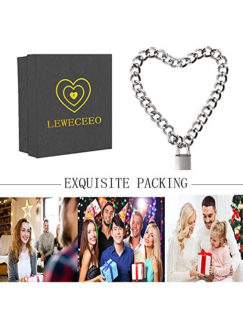 LEWECEEO Lover Heart Padlock Necklace Metal Padlock Collar Choker for Men Women with Lock and Key