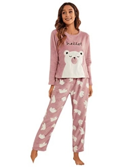 Women's Fuzzy Pajama Set Long Sleeve Sweatshirt and Pants Set Sleepwear