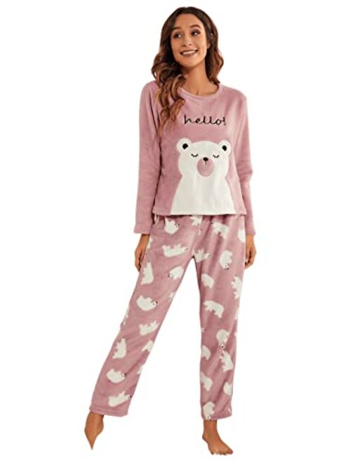 SweatyRocks Women's Fuzzy Pajama Set Long Sleeve Sweatshirt and Pants Set Sleepwear