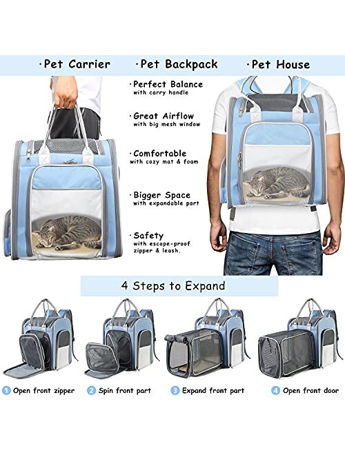 Hanjo Pets Cat Backpack Expandable - Pet Backpack Carrier for Small Dogs - Mesh Expandable Cat Carrier Backpacks , Cat Carrying Holder Backpack for Traveling, Escape Proo