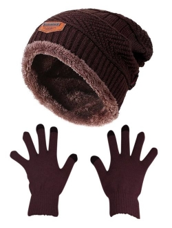 HINDAWI Slouchy Beanie Gloves for Women Winter Hat Knit Warm Snow Skull Cap Touch Screen Mittens