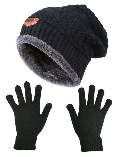 HINDAWI Slouchy Beanie Gloves for Women Winter Hat Knit Warm Snow Skull Cap Touch Screen Mittens