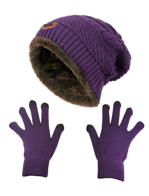 HINDAWI Slouchy Beanie Gloves for Women Winter Hat Knit Warm Snow Skull Cap Touch Screen Mittens