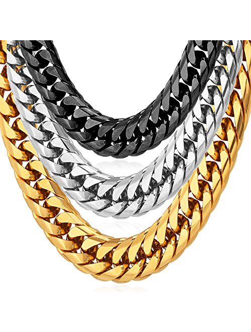 U7 Men Stainless Steel Franco Chain Curb Link Hip Hop Chunky Necklace Costume Jewelry 6MM 9MM 12MM Thick, Length 18-36 Inch, Silver Black Gold Color,Gift Packed