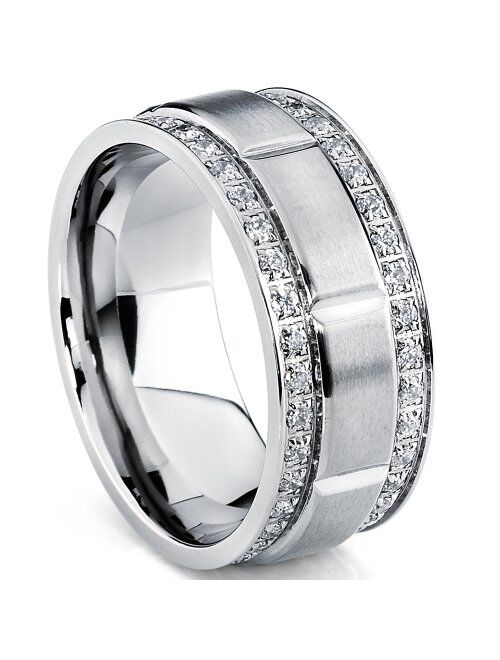 Metal Masters Co. Men's Titanium Wedding Band Ring with Double Row Cubic Zirconia, Comfort Fit Sizes, 9MM 8 to 12