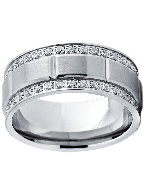 Metal Masters Co. Men's Titanium Wedding Band Ring with Double Row Cubic Zirconia, Comfort Fit Sizes, 9MM 8 to 12