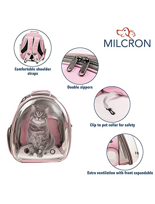 Milcron Cat Backpack Carrier Bubble, Expandable Front and Back with Cat Collar, Comfortable Pet Carrier for Cat or Small Dog, 9 Ventilation Holes, Scratch-Proof Netting, 