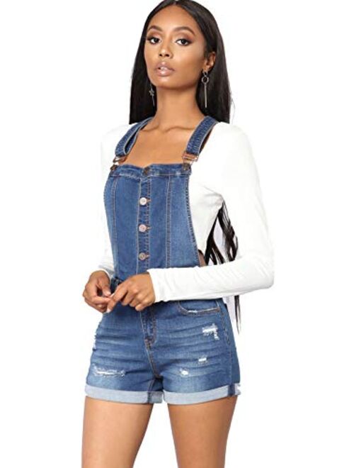 Itemnew Women's Adjustable Strap Button Front Shortalls Ripped Short Denim Jeans Overall