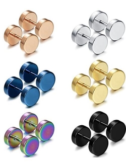 FIBO STEEL 6 Pairs Stud Earrings for Men Women Ear Piercing Ear Plugs Tunnel 18G