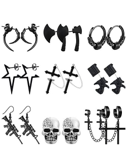 NEWITIN 9 Pairs Stainless Steel Stud Earrings Punk Earrings Earrings Hypoallergenic Earrings Hinged Dangle Cross Earrings for Men and Women