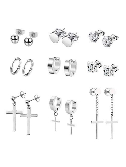 NEWITIN 9 Pairs Stainless Steel Stud Earrings Punk Earrings Earrings Hypoallergenic Earrings Hinged Dangle Cross Earrings for Men and Women