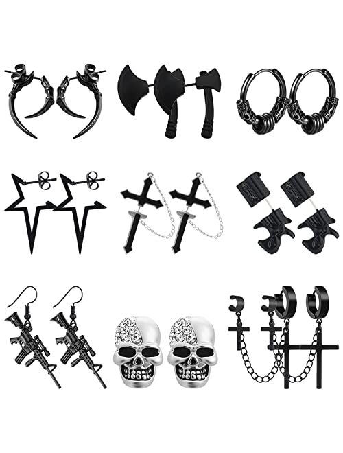 NEWITIN 9 Pairs Stainless Steel Stud Earrings Punk Earrings Earrings Hypoallergenic Earrings Hinged Dangle Cross Earrings for Men and Women