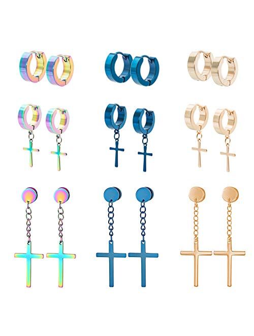 NEWITIN 9 Pairs Stainless Steel Stud Earrings Punk Earrings Earrings Hypoallergenic Earrings Hinged Dangle Cross Earrings for Men and Women