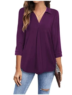 Newchoice Womens Collared V Neck 3/4 Sleeve Shirts Business Casual Tops Loose Work Blouses