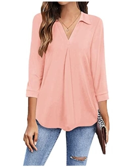 Newchoice Womens Collared V Neck 3/4 Sleeve Shirts Business Casual Tops Loose Work Blouses