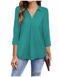 Newchoice Womens Collared V Neck 3/4 Sleeve Shirts Business Casual Tops Loose Work Blouses