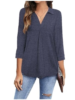 Newchoice Womens Collared V Neck 3/4 Sleeve Shirts Business Casual Tops Loose Work Blouses