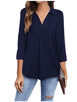 Newchoice Womens Collared V Neck 3/4 Sleeve Shirts Business Casual Tops Loose Work Blouses