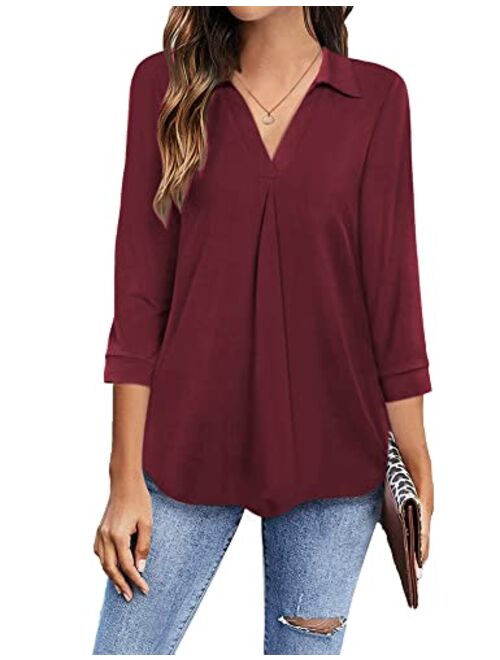 Newchoice Womens Collared V Neck 3/4 Sleeve Shirts Business Casual Tops Loose Work Blouses