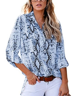 Astylish Women Button Down Snake Print 3 4 Tab Sleeve Tunic Blouse Tops Shirts