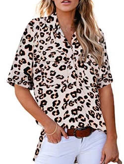 Astylish Women Button Down Snake Print 3 4 Tab Sleeve Tunic Blouse Tops Shirts