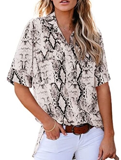 Astylish Women Button Down Snake Print 3 4 Tab Sleeve Tunic Blouse Tops Shirts