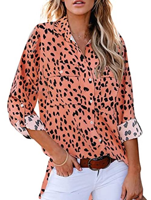 Astylish Women Button Down Snake Print 3 4 Tab Sleeve Tunic Blouse Tops Shirts