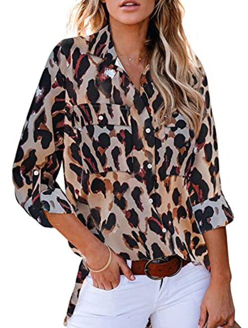 Astylish Women Button Down Snake Print 3 4 Tab Sleeve Tunic Blouse Tops Shirts