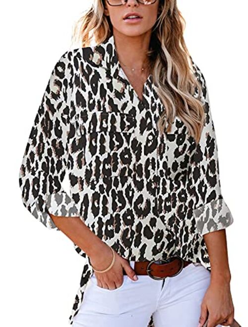 Astylish Women Button Down Snake Print 3 4 Tab Sleeve Tunic Blouse Tops Shirts