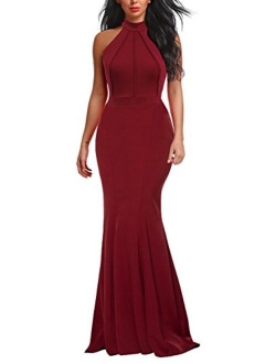 Berydress Women's Elegant Chic Halter Neck Sleeveless Solid Stretchy Wedding Guest Mermaid Long Evening Dress