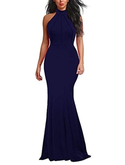 Berydress Women's Elegant Chic Halter Neck Sleeveless Solid Stretchy Wedding Guest Mermaid Long Evening Dress