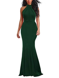 Berydress Women's Elegant Chic Halter Neck Sleeveless Solid Stretchy Wedding Guest Mermaid Long Evening Dress