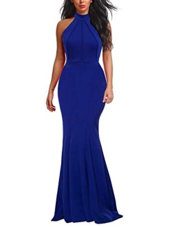 Berydress Women's Elegant Chic Halter Neck Sleeveless Solid Stretchy Wedding Guest Mermaid Long Evening Dress