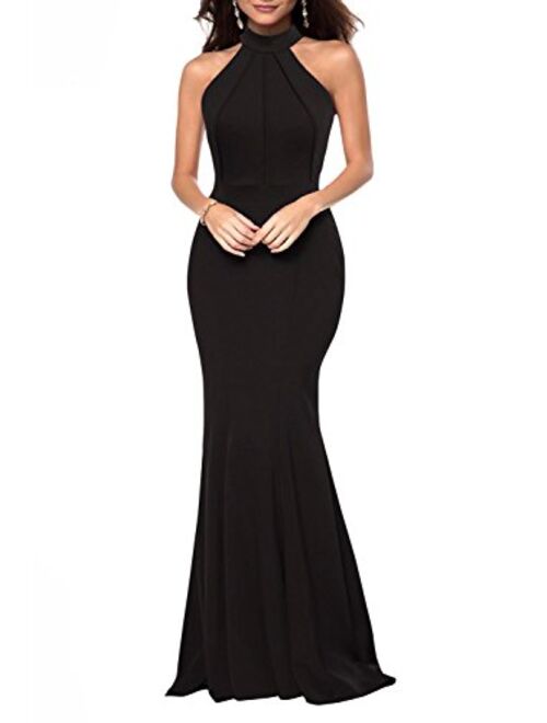 Berydress Women's Elegant Chic Halter Neck Sleeveless Solid Stretchy Wedding Guest Mermaid Long Evening Dress