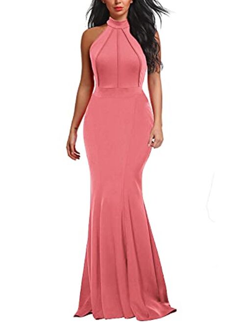 Berydress Women's Elegant Chic Halter Neck Sleeveless Solid Stretchy Wedding Guest Mermaid Long Evening Dress