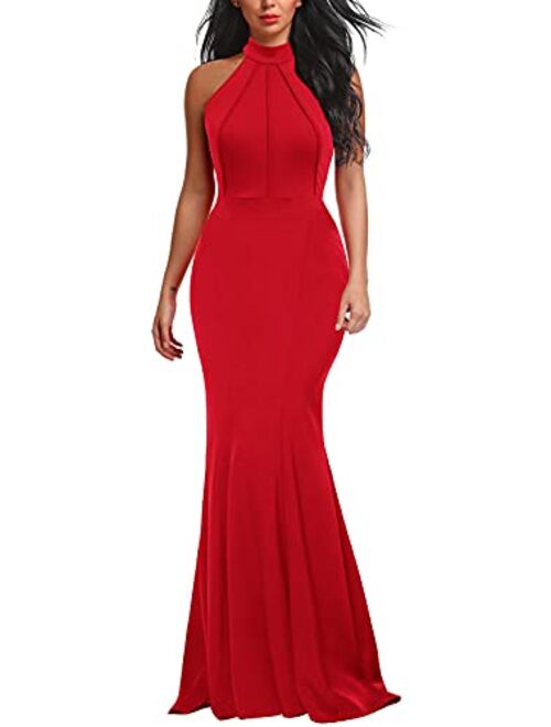 Berydress Women's Elegant Chic Halter Neck Sleeveless Solid Stretchy Wedding Guest Mermaid Long Evening Dress