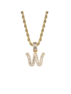 GUCY Baguette Initial Letter Necklace Women/Men Iced Out Initial Letter Pendant Necklace with 24" Rope Chain