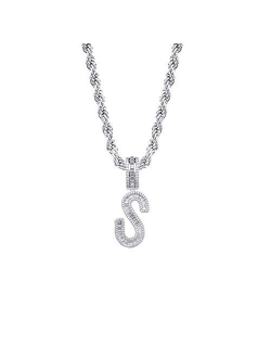 GUCY Baguette Initial Letter Necklace Women/Men Iced Out Initial Letter Pendant Necklace with 24" Rope Chain