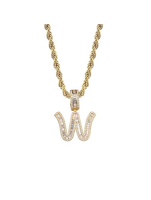 GUCY Baguette Initial Letter Necklace Women/Men Iced Out Initial Letter Pendant Necklace with 24" Rope Chain